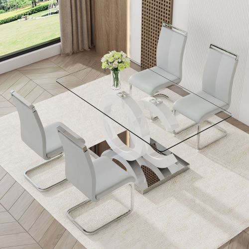 Table and chair set.63"x35.4 Rectangular Transprant Tempered glass Dining Tabletop with White MDF OC shaped bracket.Paried with 4 Light Gray high-qual Table and chair set.63"x35.4 Rectangular Transprant Tempered glass Dining Tabletop with White MDF OC shaped bracket.Paried with 4 Light Gray high-qual
